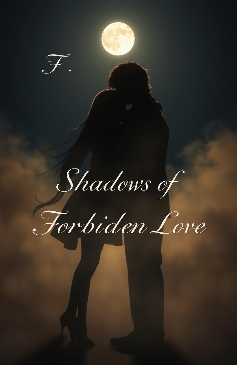 A mystical scene depicting the shadows of a girl with long light brown hair and a man with slightly long red hair, intertwined under the glow of the moon