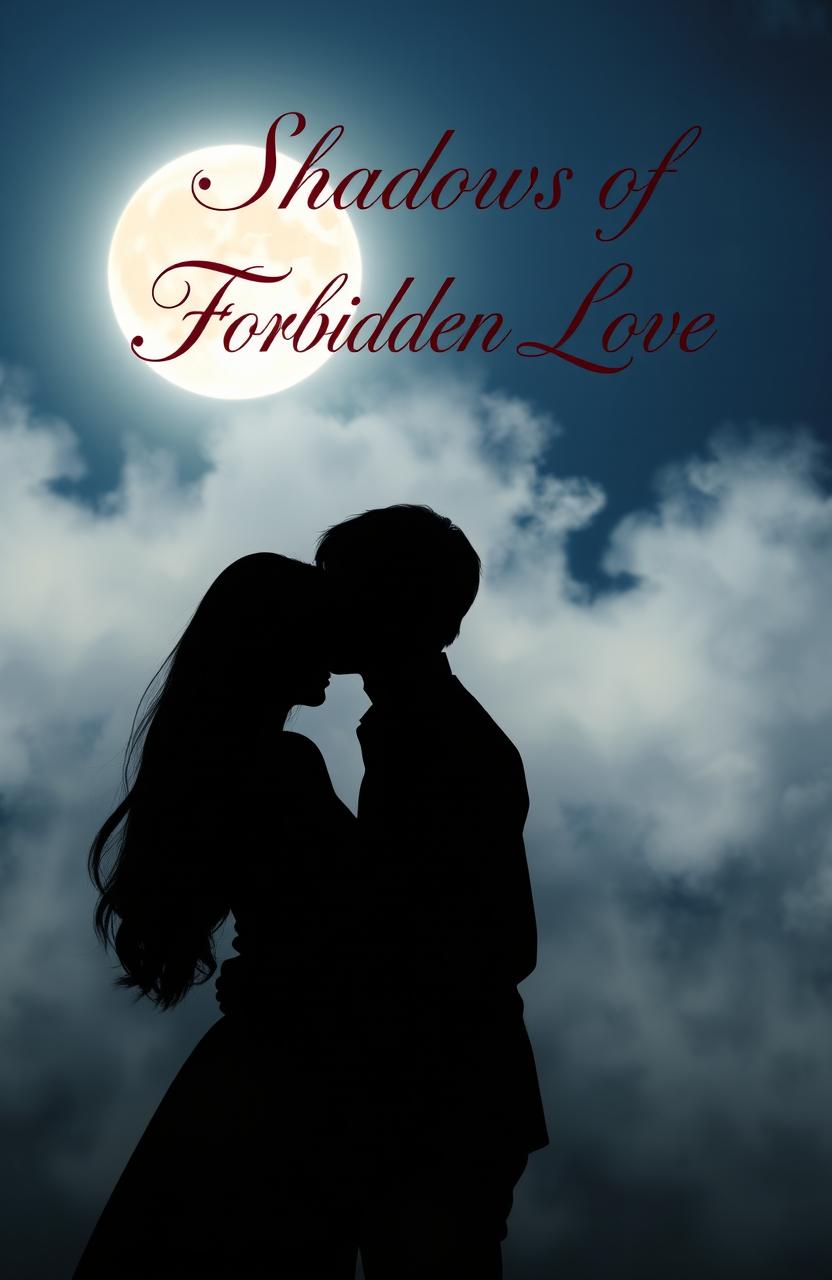 Shadows of forbidden love depicted as silhouettes of a girl with long light brown hair and a man with slightly long red hair, intertwined under a moonlight sky