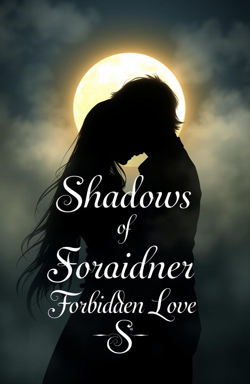 A mystical scene depicting the shadows of a girl with long light brown hair and a man with slightly long red hair, intertwined under a glowing moon