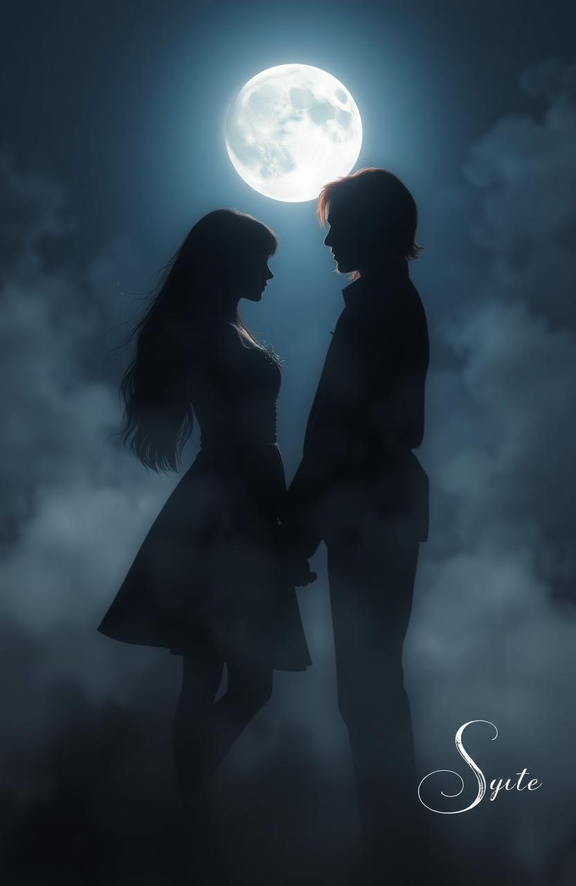 A mystical scene featuring the shadows of a girl with long light brown hair and a man with slightly long red hair, intertwined under the moonlight
