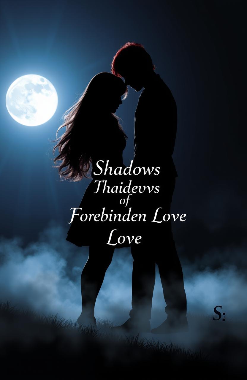 A mesmerizing scene depicting the silhouettes of a girl with long light brown hair and a man with slightly long red hair, their shadows entwined under the moonlight
