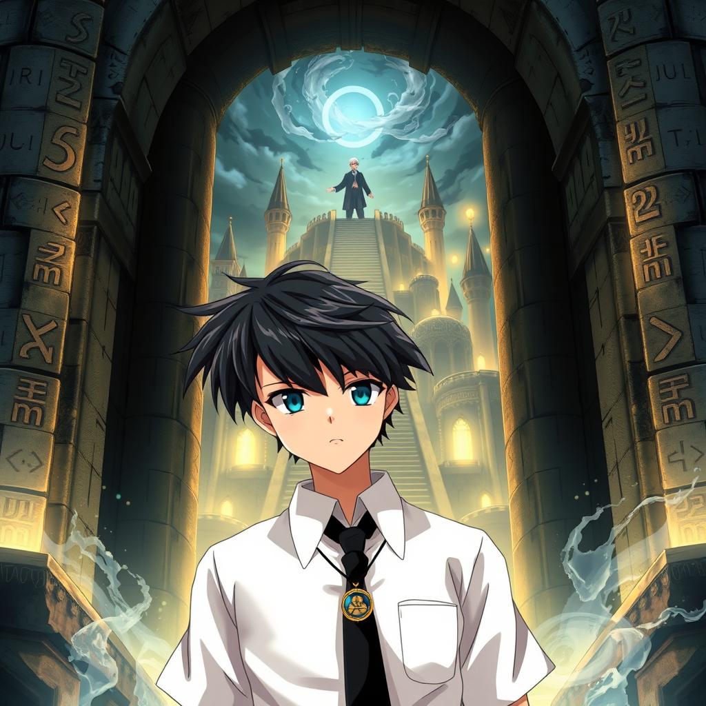 A determined anime student wearing a crisp white uniform with a black tie and messy dark hair stands in front of a massive, ancient stone archway that glows with mysterious runes