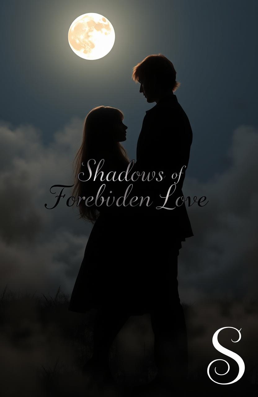 A captivating scene depicting the silhouettes of a girl with long light brown hair and a man with slightly long red hair, their shadows intertwined under a full moon