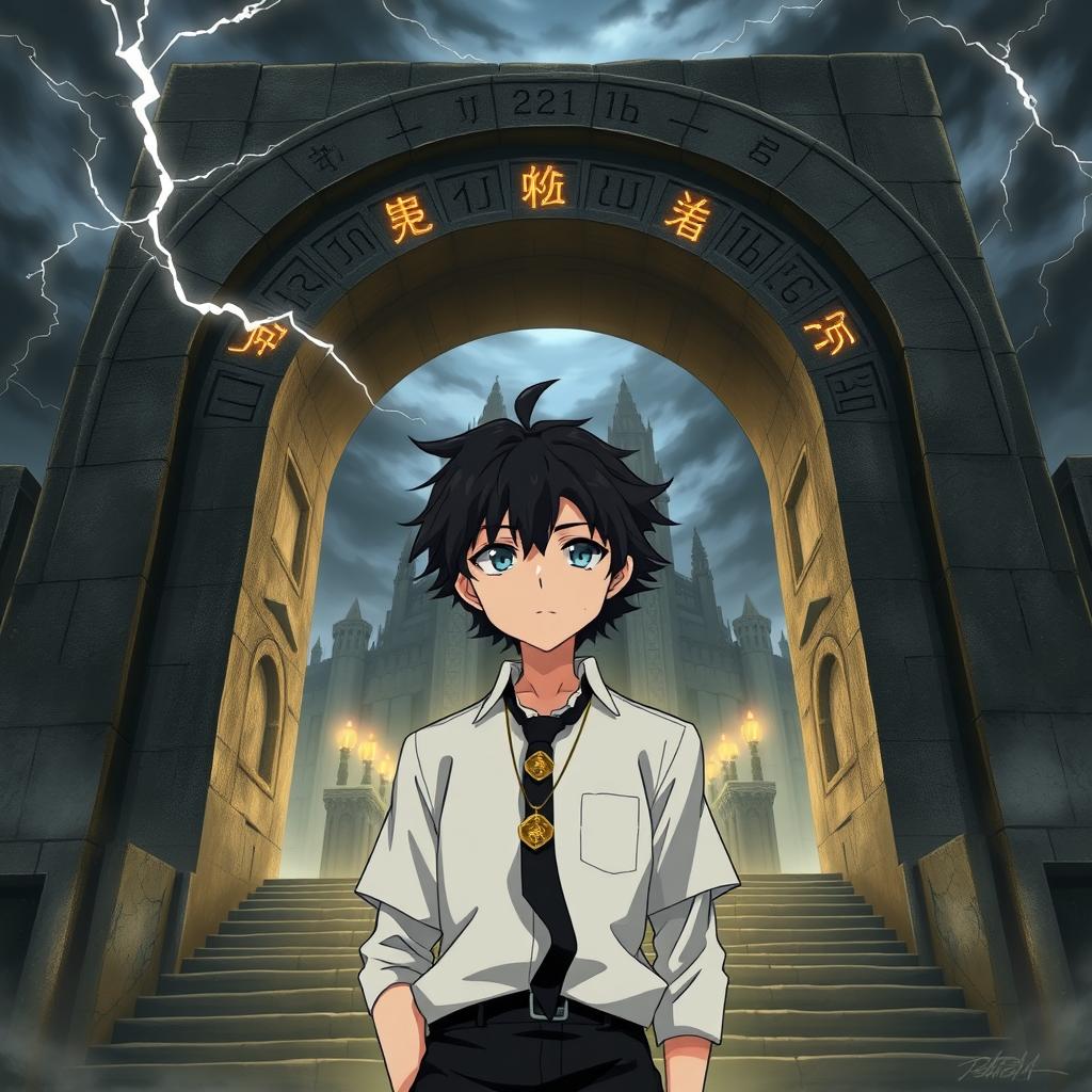 A determined young anime student with dark, messy hair stands confidently in a white uniform with a black tie before a massive, ancient stone archway