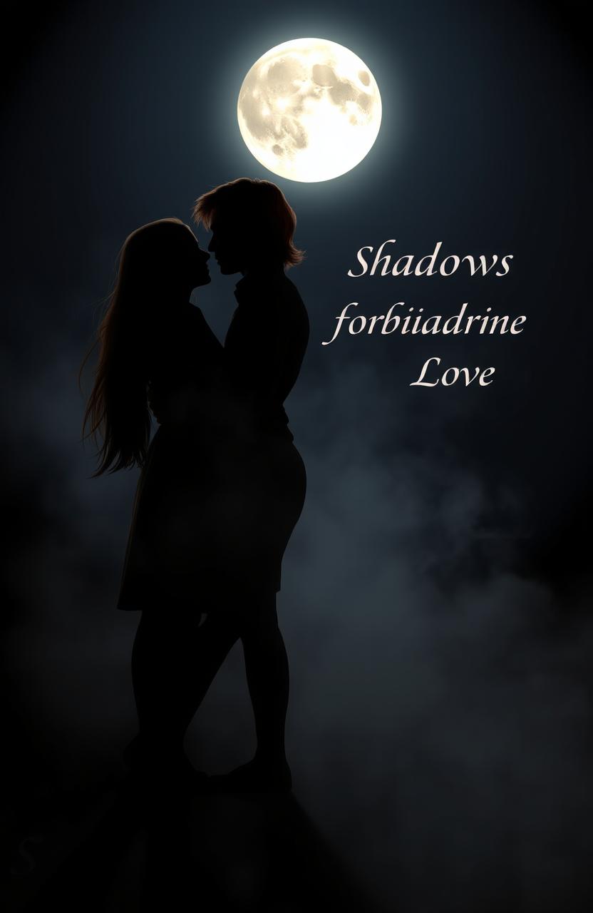 Shadows of forbidden love depicted in a moody and atmospheric scene featuring the silhouettes of a girl with long light brown hair and a man with slightly long red hair