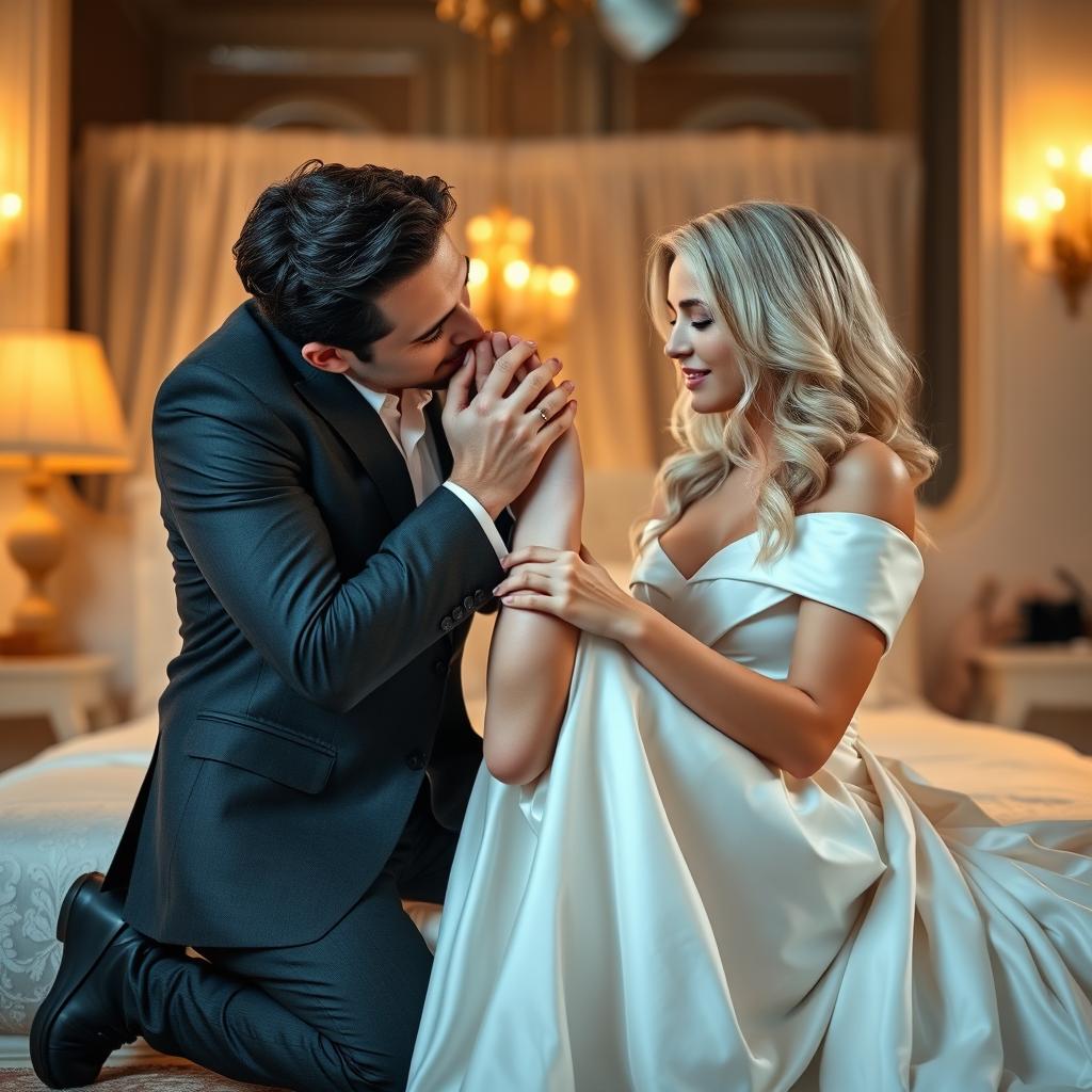 A scene depicting a handsome man tenderly kissing the feet of a beautiful white woman