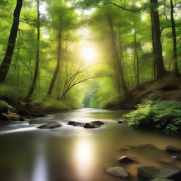 A peaceful river flowing through a dense green forest with sunlight filtering through the foliage.