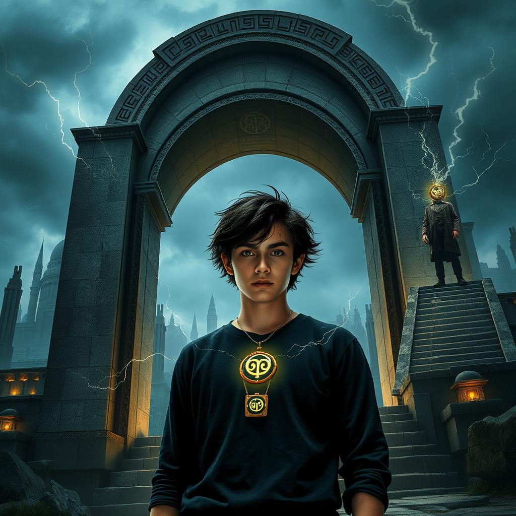 A young man with dark, messy hair and determined eyes stands confidently before a massive, ancient stone archway that glows with mysterious runes