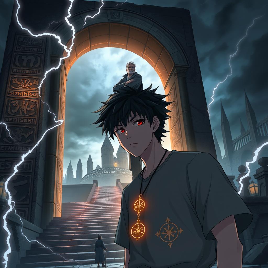 A young man in an anime style with dark, messy hair and determined eyes stands before a massive, ancient stone archway glowing with mysterious runes