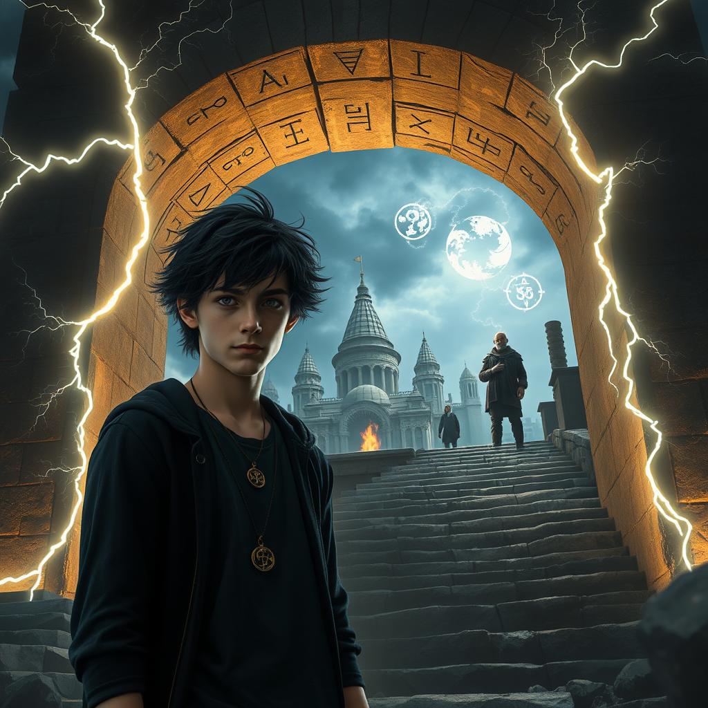 A young man with dark, messy hair and determined eyes stands before a massive, ancient stone archway glowing with mysterious runes