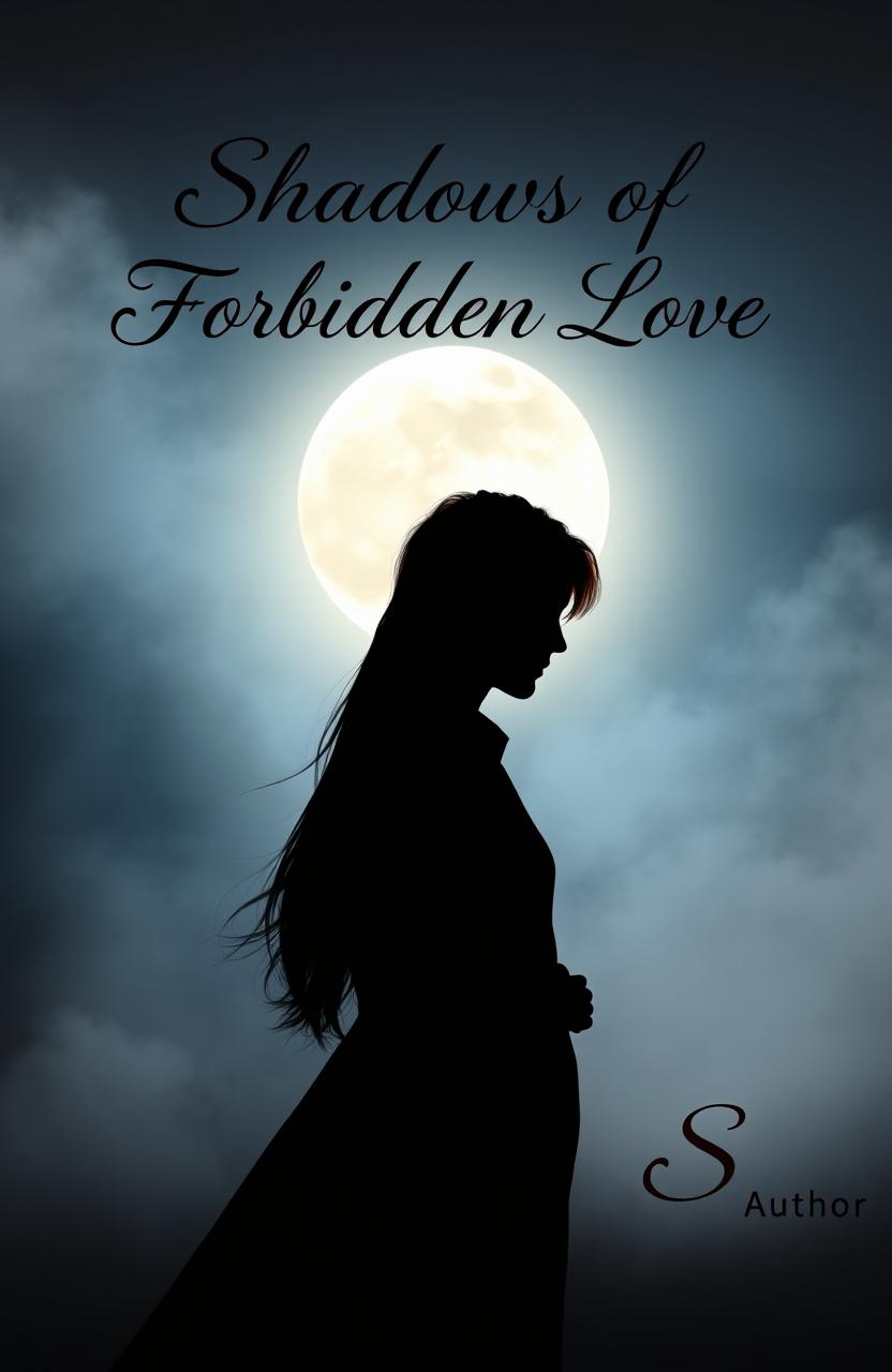 A captivating silhouette of a girl with long light brown hair and a man with slightly long red hair, both depicted as shadows under a glowing full moon