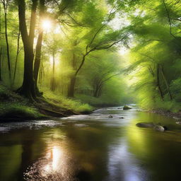 A peaceful river flowing through a dense green forest with sunlight filtering through the foliage.