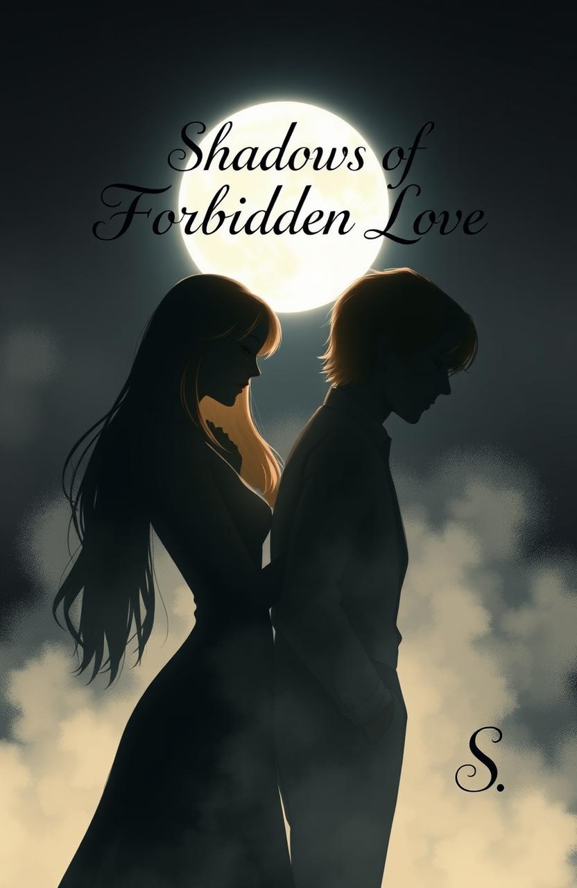 A captivating illustration depicting the shadows of a girl with long light brown hair and a man with slightly long red hair, intertwined under the moonlight
