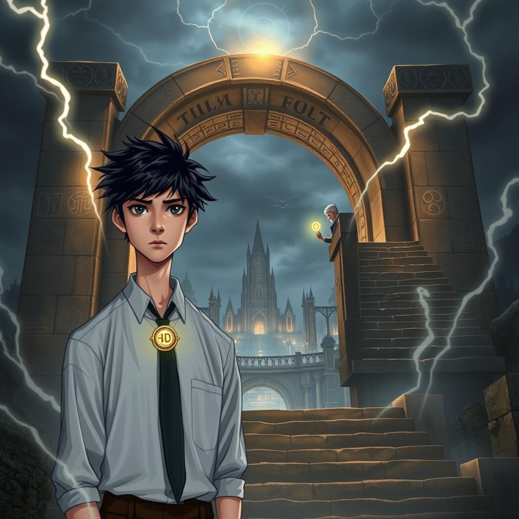A young student with dark, messy hair and determined eyes, wearing a white uniform with a black tie, stands before a massive stone archway glowing with ancient runes