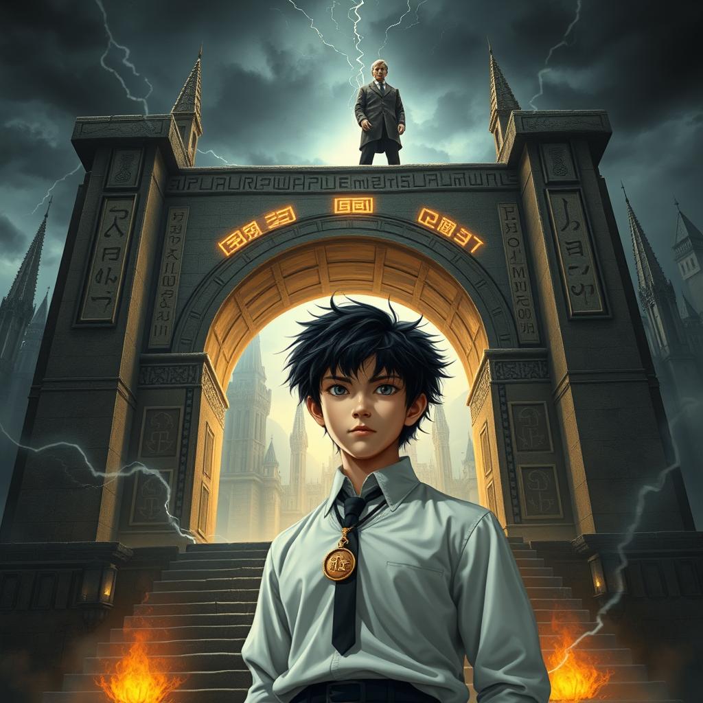 A determined young student with dark, messy hair wearing a white uniform and a black tie stands before a massive ancient stone archway glowing with mysterious runes, the symbols on his pendant matching those on the arch