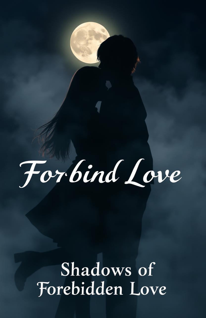 A mystical and atmospheric scene depicting the shadows of a girl with long light brown hair and a man with slightly long red hair, entwined under the moonlight