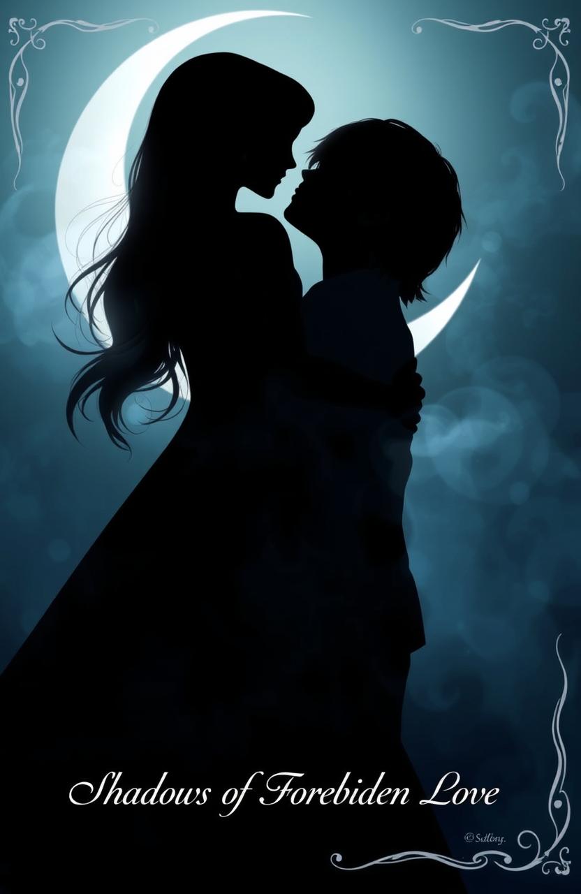A mystical and romantic scene depicting the shadows of a girl with long light brown hair and a man with slightly long red hair, intertwined beneath a crescent moon