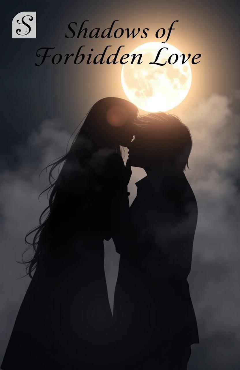 A shadowy representation of a girl with long light brown hair and a man with slightly long red hair, beautifully intertwined under a glowing moon
