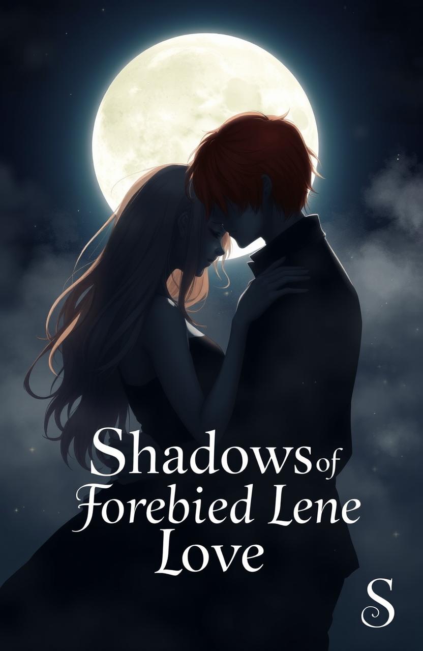A mystical illustration capturing the shadows of a girl with long light brown hair and a man with slightly long red hair intertwined under a full moon