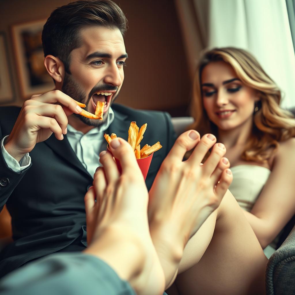 A visually striking and surreal scene of a handsome man enjoying crispy French fries as he playfully eats them from between the toes of a beautiful, fair-skinned woman who is sitting elegantly on a chair