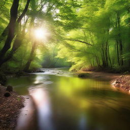 A peaceful river flowing through a dense green forest with sunlight filtering through the foliage.