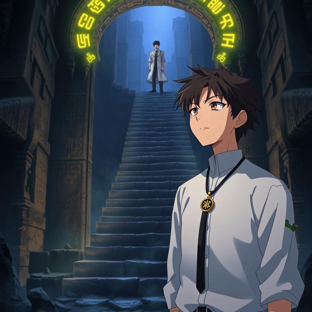 A determined student in an anime style, wearing a crisp white uniform and a black tie, stands before a massive ancient stone archway glowing with mysterious runes that match the symbols on his pendant