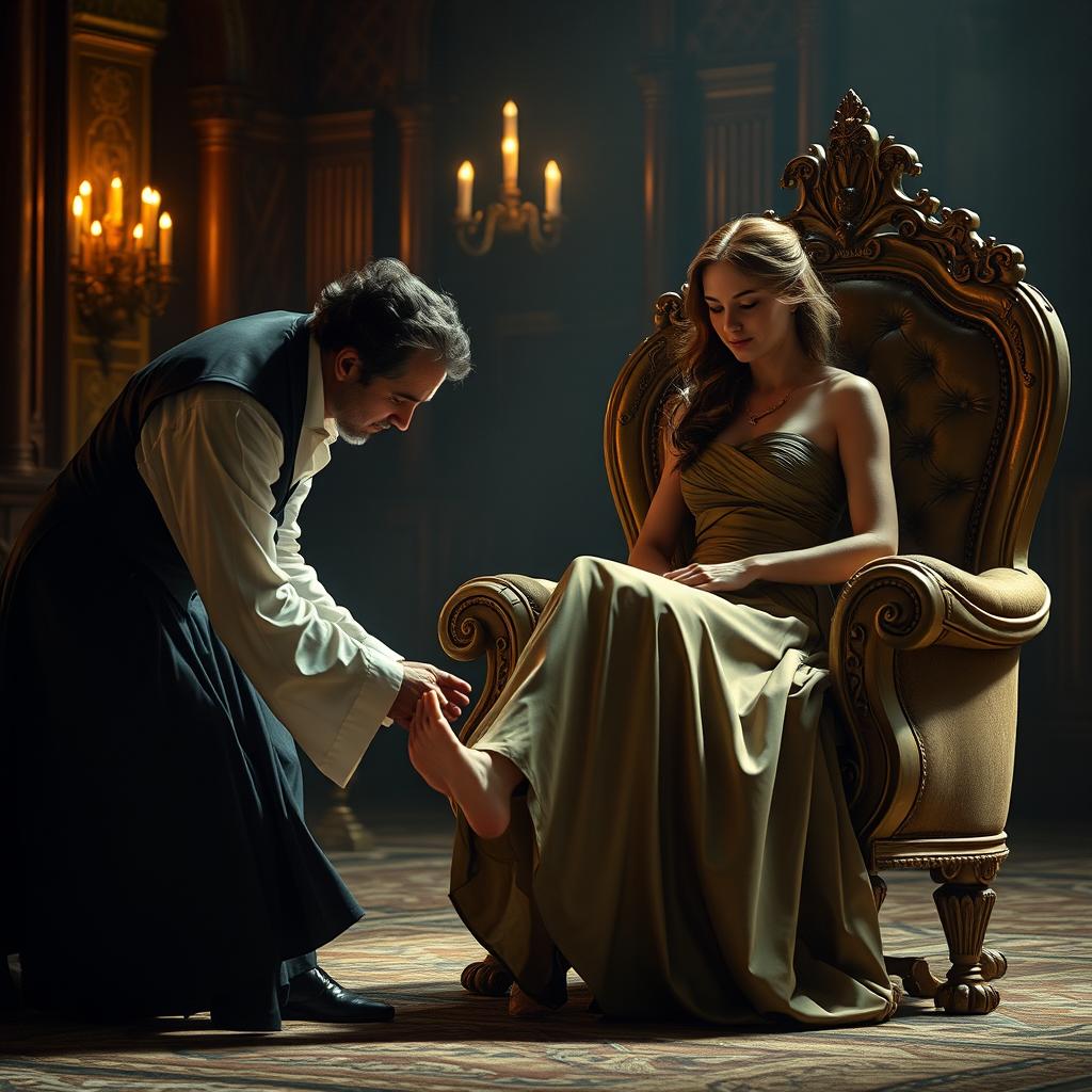 A dramatic scene depicting a servant washing and gently kissing the feet of a woman seated on a luxurious chair