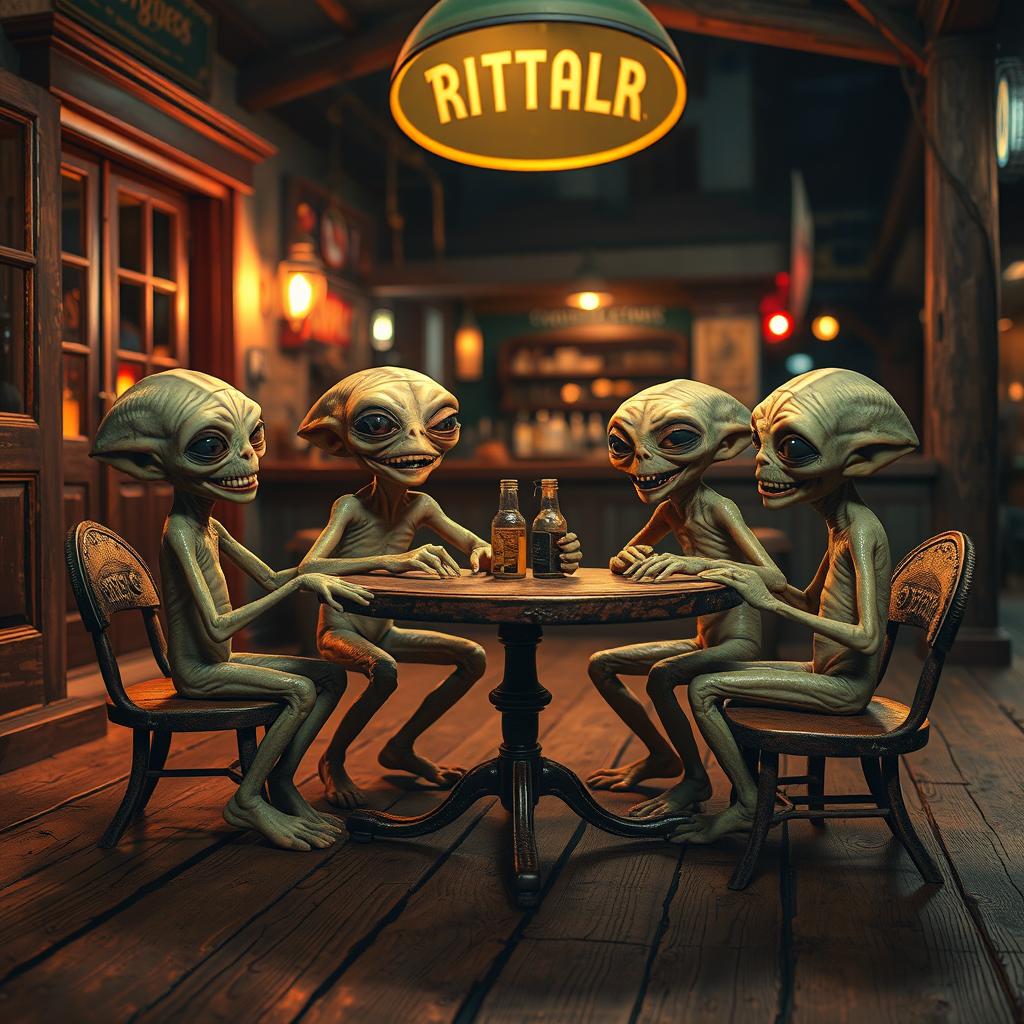 A whimsical scene featuring four unique, unattractive aliens sitting around a table outside a bar on very old wooden floorboards under low lights at night