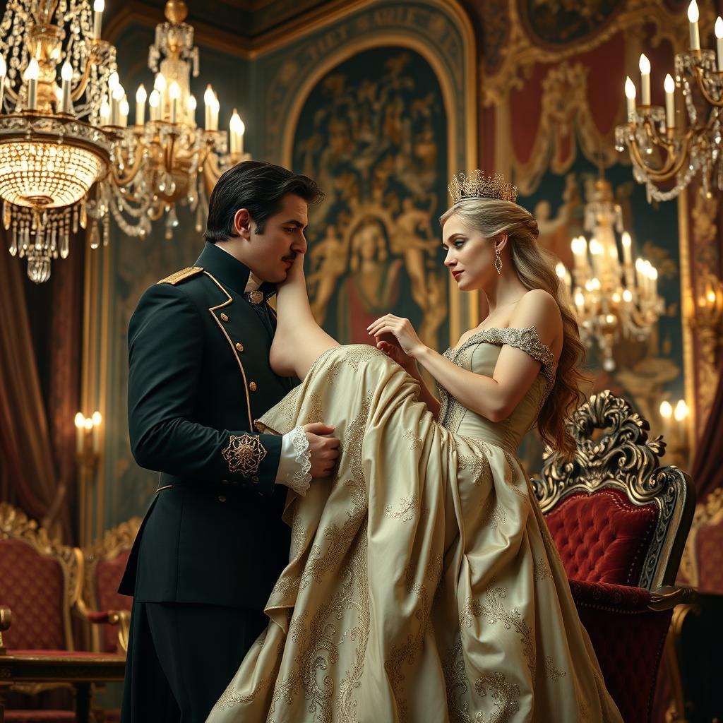 A beautiful queen playfully putting her leg inside the mouth of her male servant