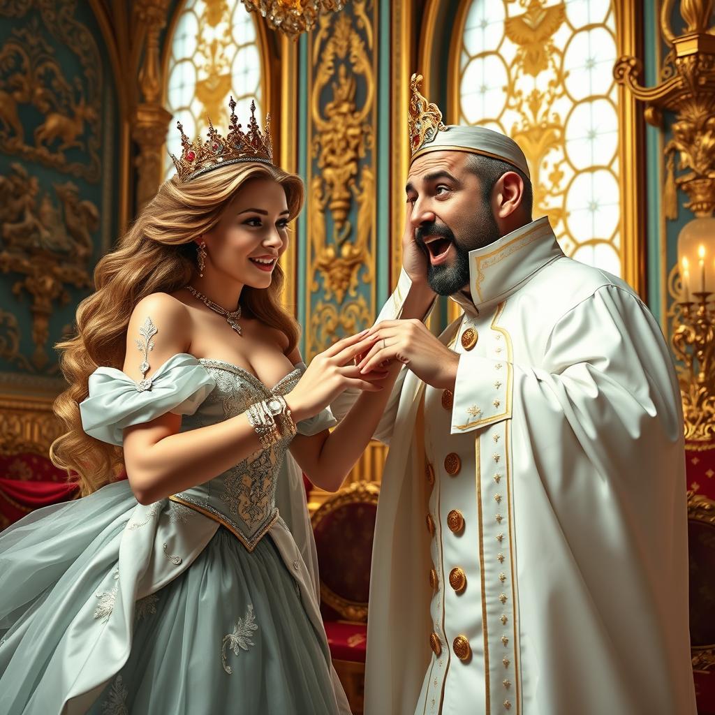 A beautiful queen playfully placing her foot into the mouth of her male servant, showcasing a humorous and playful interaction between them