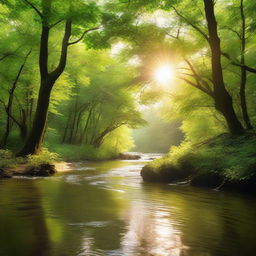 A peaceful river flowing through a dense green forest with sunlight filtering through the foliage.