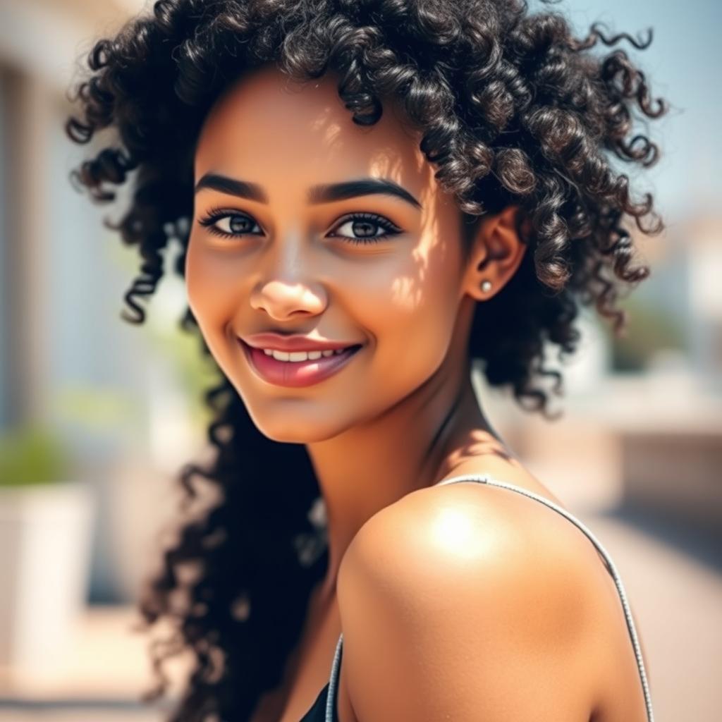 A beautiful young woman with black curly hair, dark eyes, a small nose, and medium-sized lips