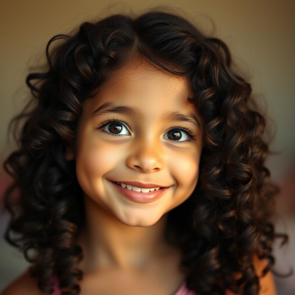 A beautiful girl with curly black hair, deep black eyes, a small nose, and medium-sized lips