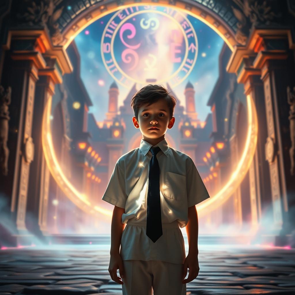 A young boy student wearing a white uniform with a black tie stands in front of a massive glowing portal, his body illuminated by enchanting magical light