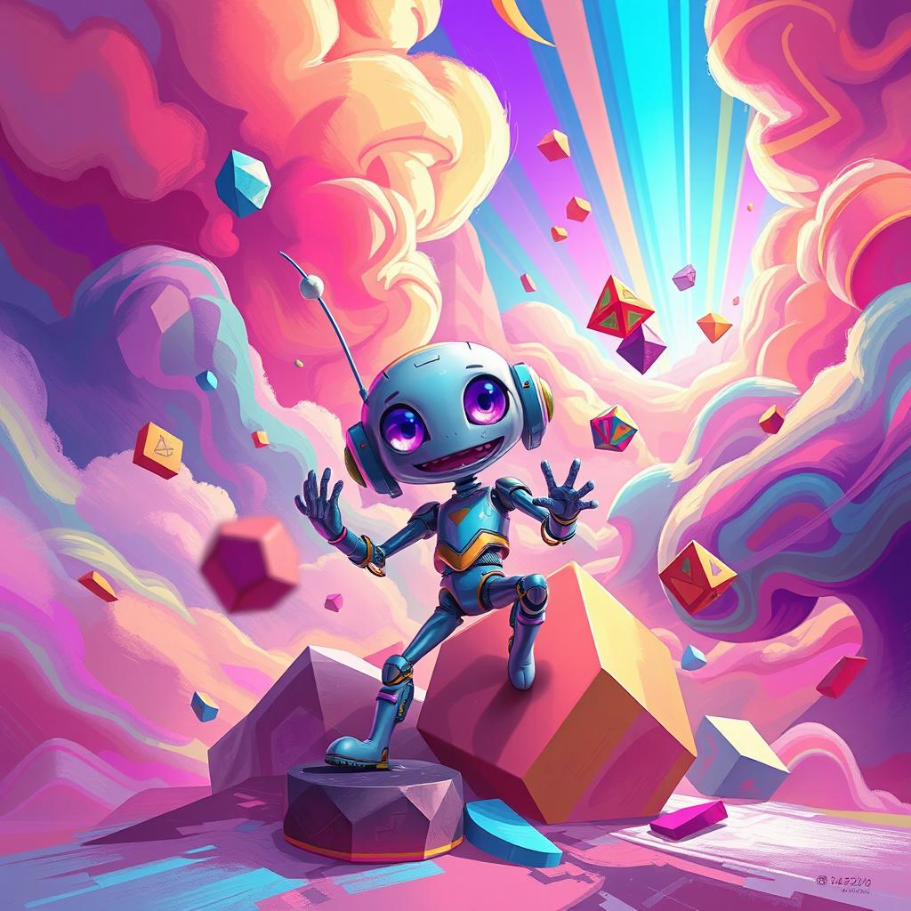 A vibrant digital painting featuring an artificial character with a futuristic design, surrounded by a surreal environment that blends abstract shapes and dynamic perspectives