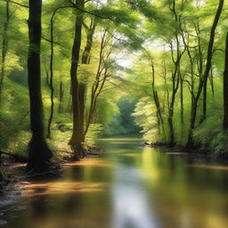 A serene panorama of a clear river meandering through a verdant forest, with soft beams of sunlight piercing through the leafy canopy.