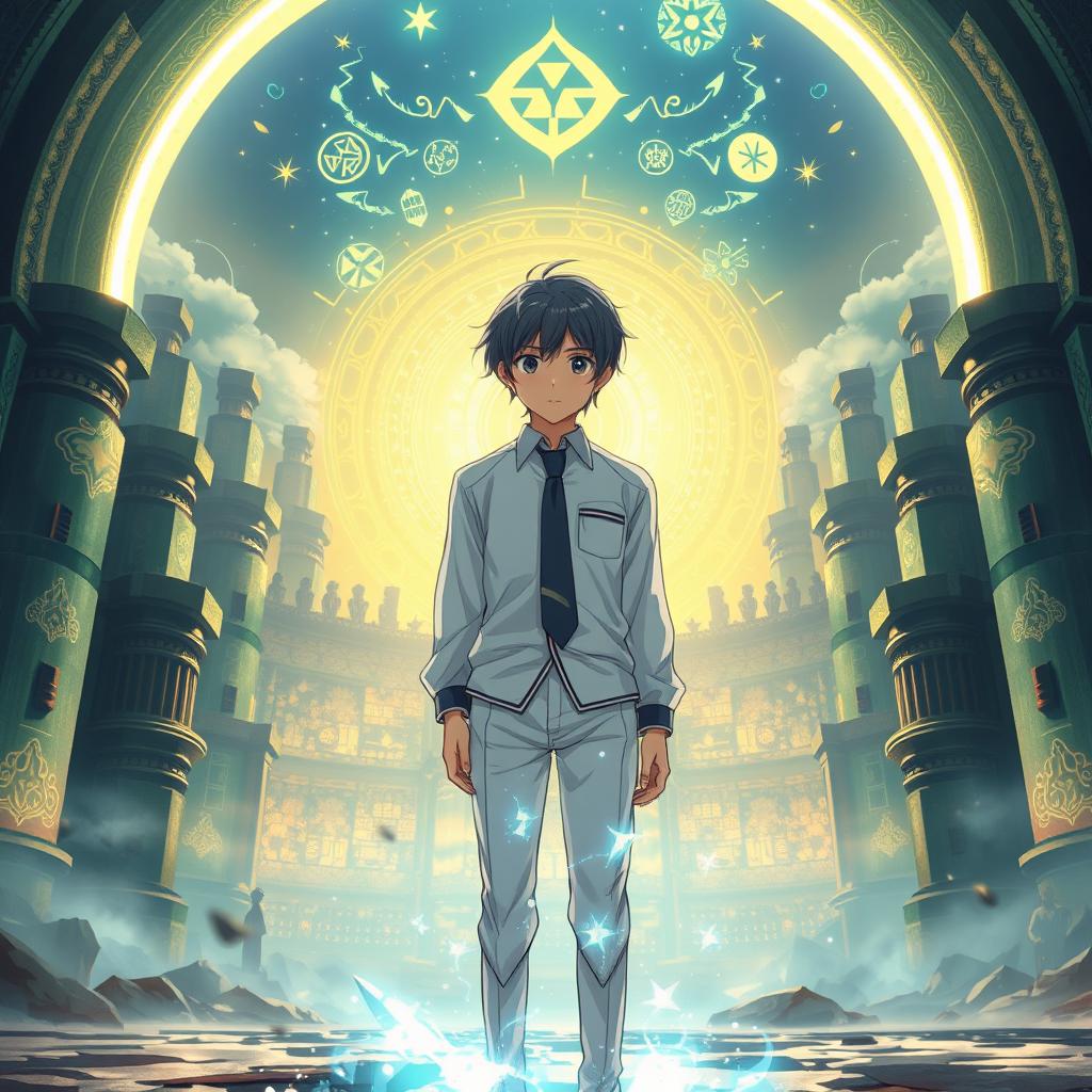 A 15-year-old boy anime student wearing a white uniform with a black tie stands before a massive glowing portal, his body bathed in enchanting magical light
