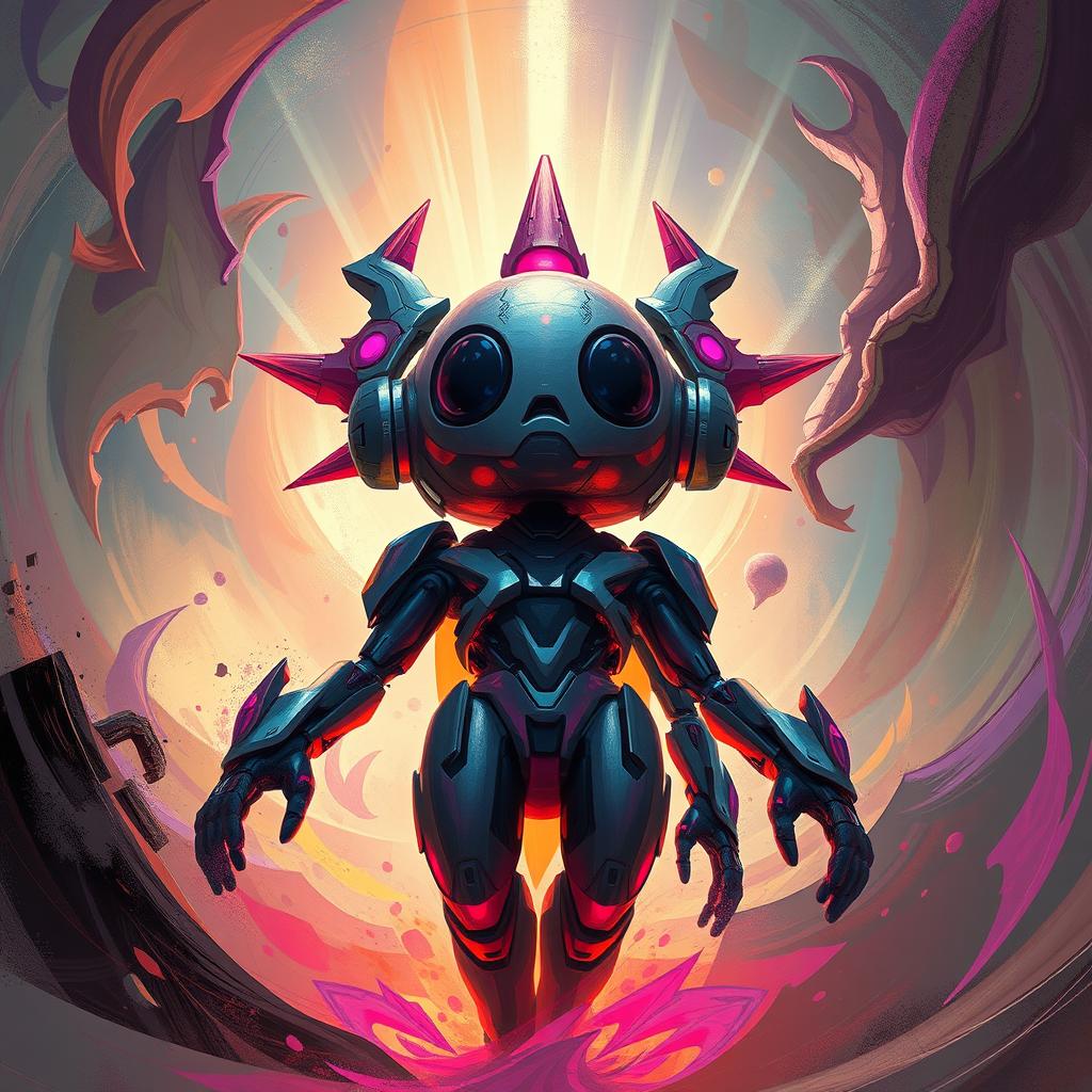 A captivating digital painting featuring an artificial character with a futuristic design, depicted from a low-angle perspective that emphasizes its imposing presence