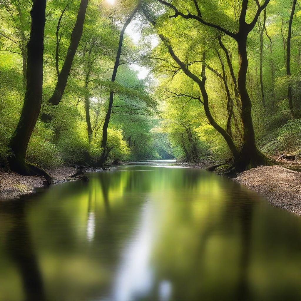 A serene panorama of a clear river meandering through a verdant forest, with soft beams of sunlight piercing through the leafy canopy.