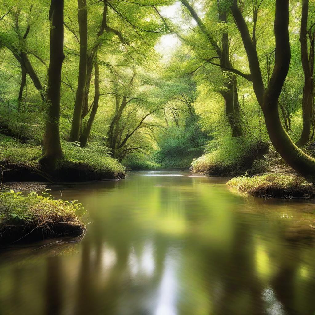 A serene panorama of a clear river meandering through a verdant forest, with soft beams of sunlight piercing through the leafy canopy.