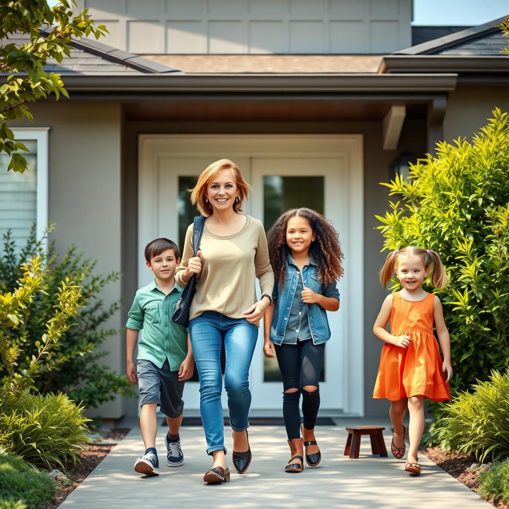 A scene depicting a woman in her early 40s, dressed in casual yet stylish clothing, walking out of a modern suburban home