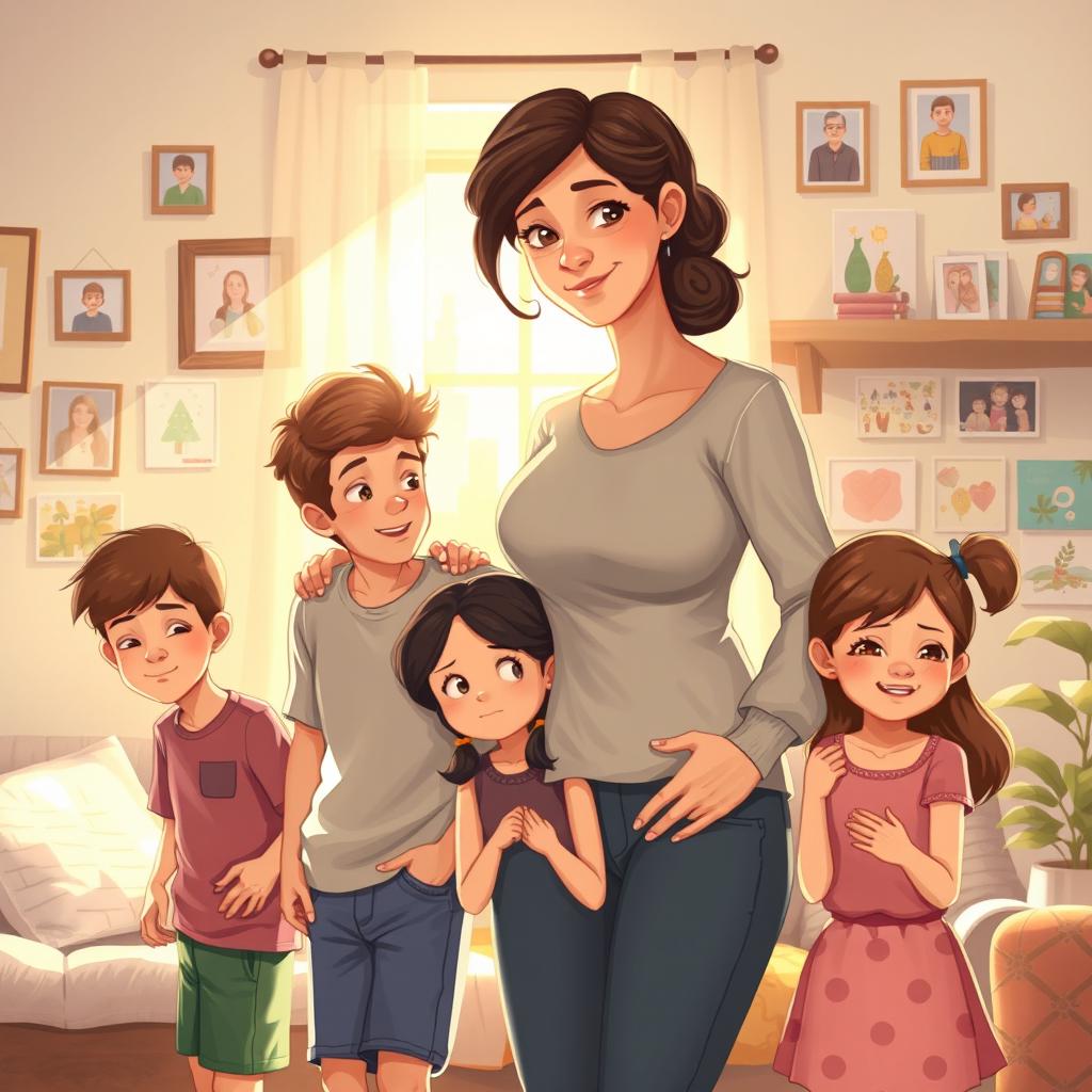 A heartfelt illustration depicting a woman in a warm, nurturing environment, showing her as a strong figure leading her 17-year-old son, 15-year-old daughter, and 10-year-old daughter