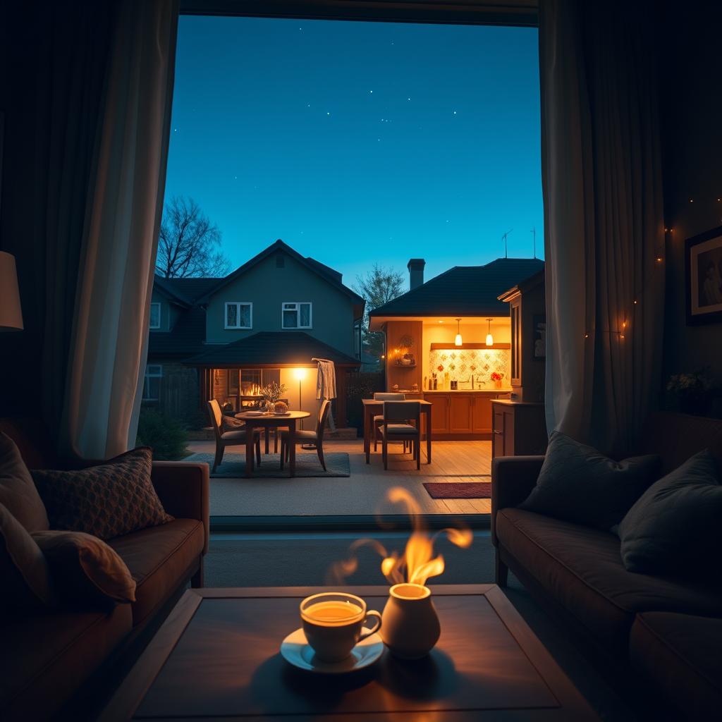 A cozy client home at night, illuminated by warm, soft lights inside, with curtains slightly drawn revealing a peaceful neighborhood outside