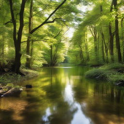 A serene panorama of a clear river meandering through a verdant forest, with soft beams of sunlight piercing through the leafy canopy.