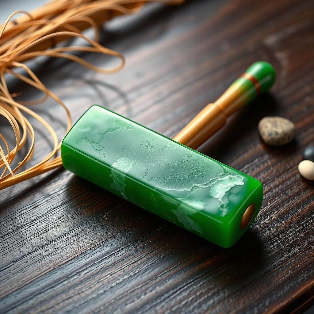 Create a stunning image of a jade hammer, showcasing its intricate textures and vibrant green color