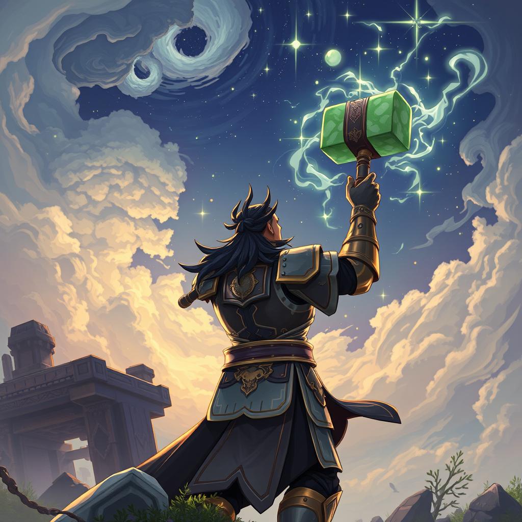 Illustrate a captivating scene featuring a jade hammer being used as a powerful tool in a mystical setting, inspired by the concept of destiny