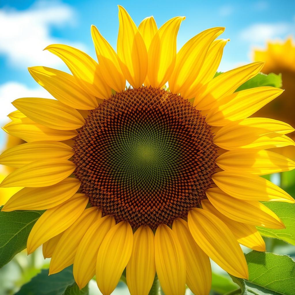 A giant sunflower in full bloom, with vibrant golden yellow petals that have a delicate texture, radiating outwards from a rich, dark brown center filled with intricate seeds