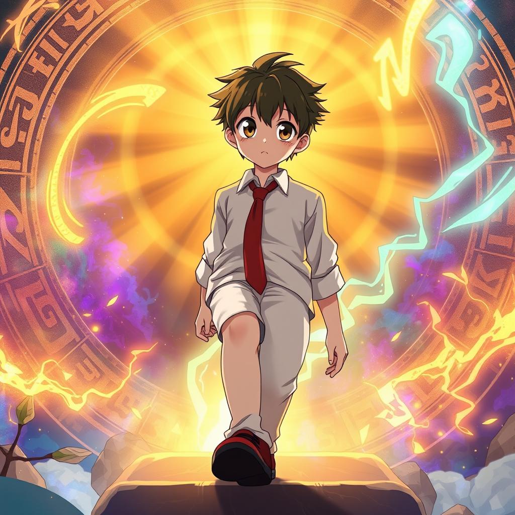 A 15 year old boy student with an anime look, wearing a crisp white uniform and a tie, stands in a dramatic pose