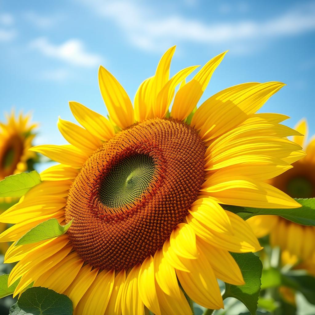 A giant sunflower in full bloom, showcasing vibrant golden yellow petals with delicate textures radiating outward from a rich, dark brown center filled with intricate seeds