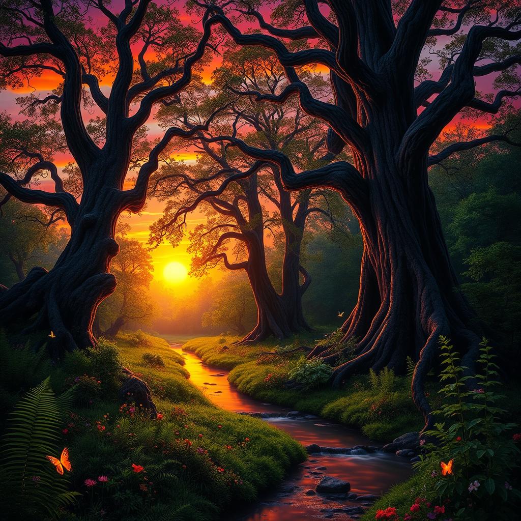 A mystical forest scene at sunset, with towering ancient trees and vibrant, glowing foliage